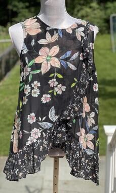 Megan Park Mixed Print Women’s Black Floral Gauzy Cotton Silk Ruffle Shirt Sz M
